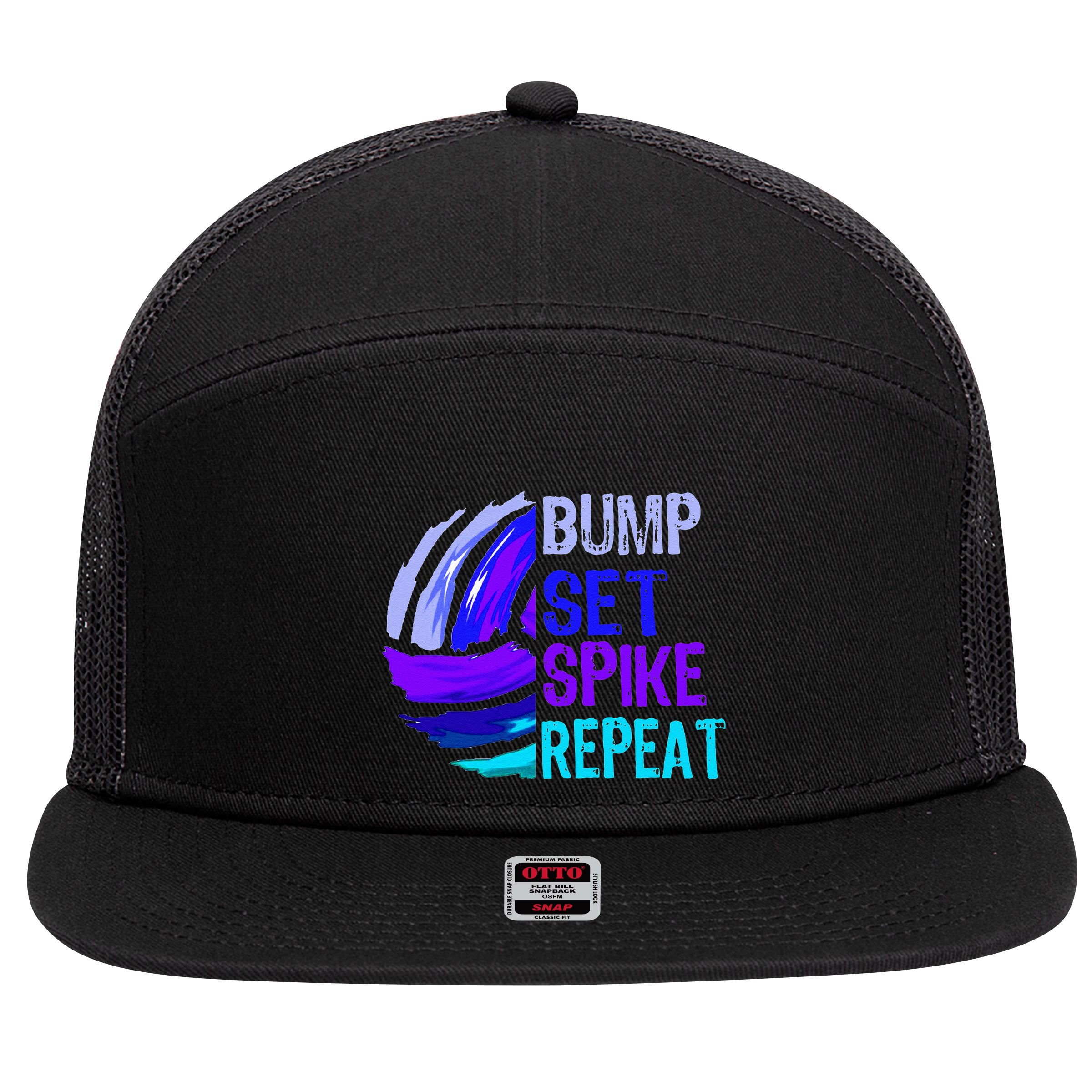 Volleyball Bump Set Spike Repeat Blue Purple Teen 7 Panel Mesh Trucker Snapback Hat