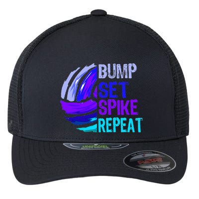 Volleyball Bump Set Spike Repeat Blue Purple Teen Flexfit Unipanel Trucker Cap