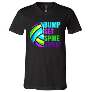 Volleyball Bump Set Spike Repeat Blue Purple Teen V-Neck T-Shirt