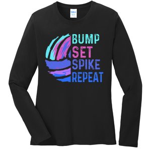 Volleyball Bump Set Spike Repeat Blue Purple Ladies Long Sleeve Shirt