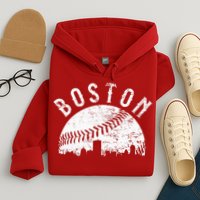 Vintage Boston Skyline Baseball Throwback For Red Hoodie