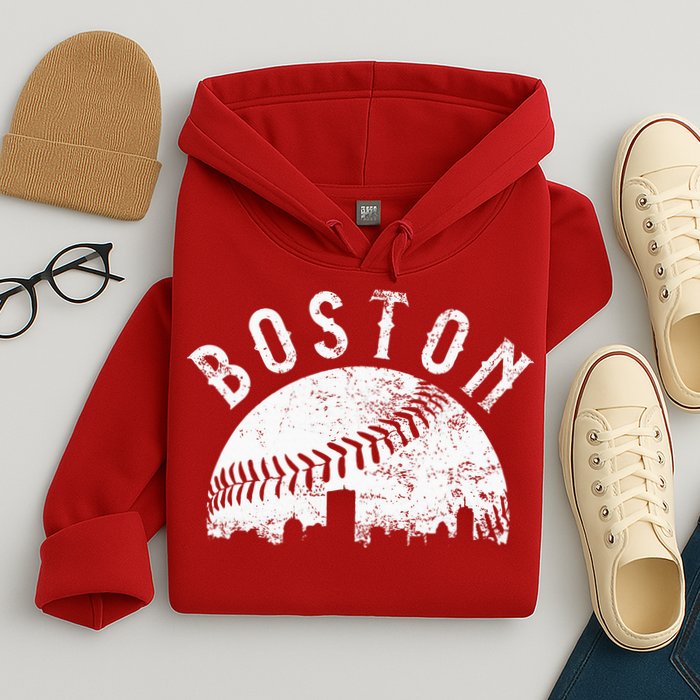 Vintage Boston Skyline Baseball Throwback For Red Hoodie