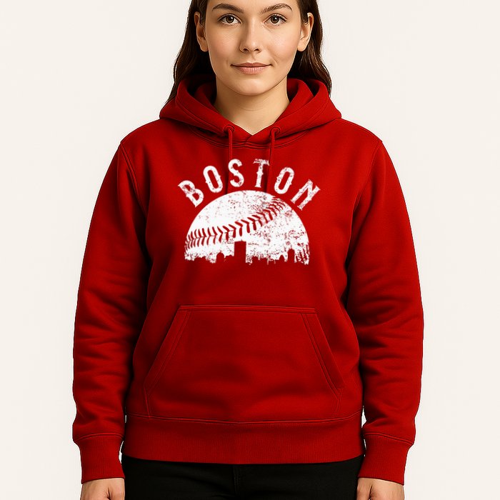 Vintage Boston Skyline Baseball Throwback For Red Hoodie