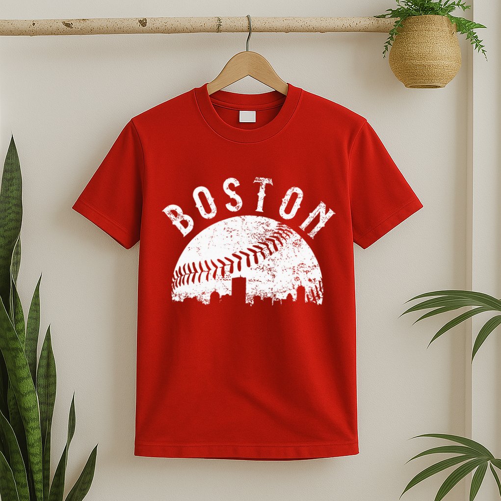Vintage Boston Skyline Baseball Throwback For Red T-Shirt