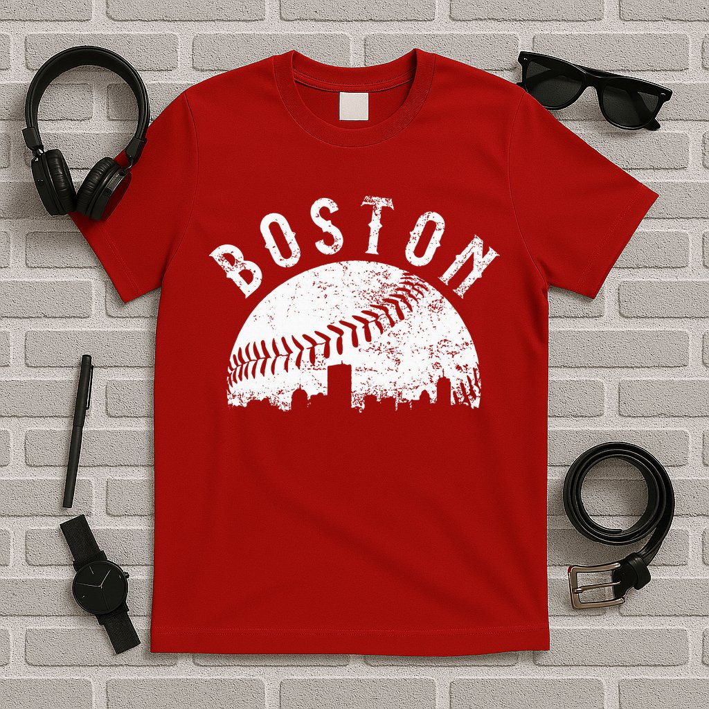 Vintage Boston Skyline Baseball Throwback For Red T-Shirt