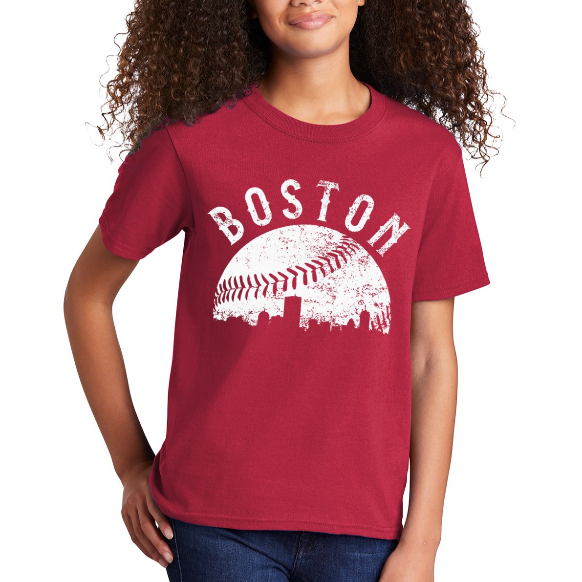 Vintage Boston Skyline Baseball Throwback For Red Kids T-Shirt