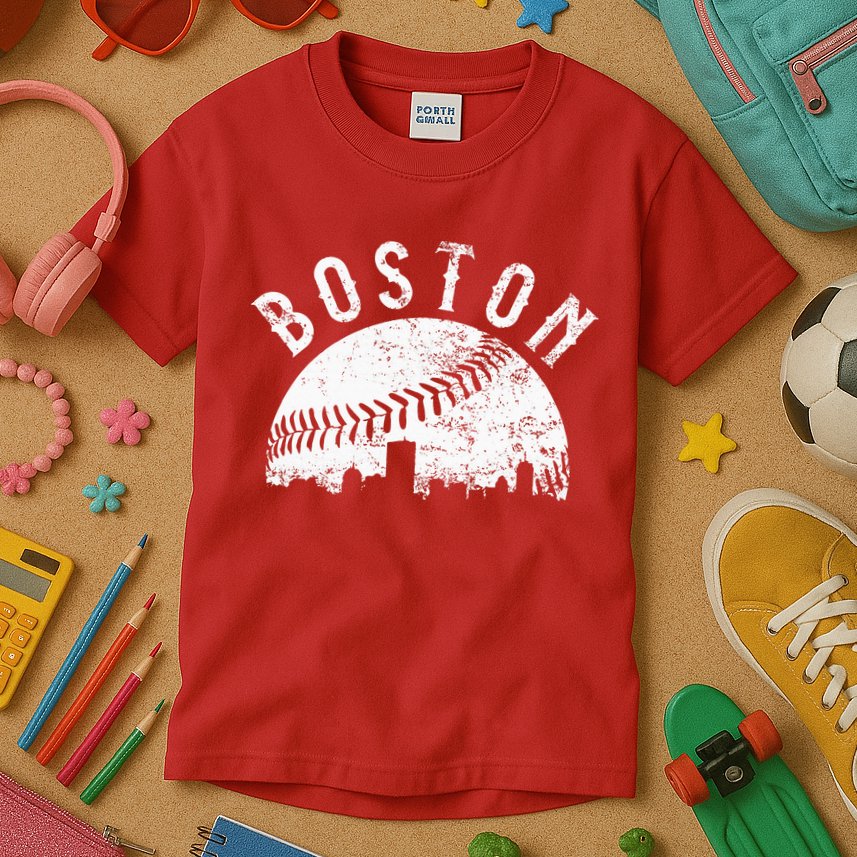 Vintage Boston Skyline Baseball Throwback For Red Kids T-Shirt