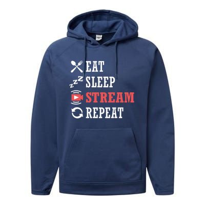 Vlogging Blog Streamer Blogger Eat Sleep Stream Repeat Cool Gift Performance Fleece Hoodie