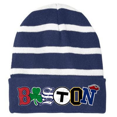 Vintage Boston Sports Fan City Pride T Striped Beanie with Solid Band