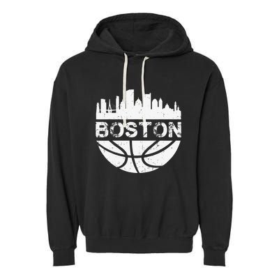 Vintage Boston Skyline Retro Basketball Garment-Dyed Fleece Hoodie