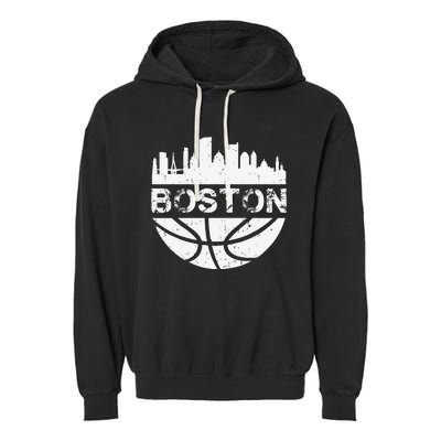 Vintage Boston Skyline Retro Basketball Garment-Dyed Fleece Hoodie