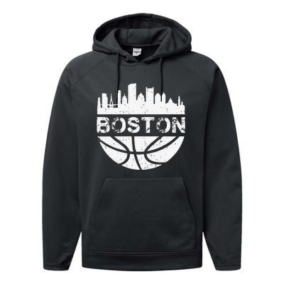 Vintage Boston Skyline Retro Basketball Performance Fleece Hoodie