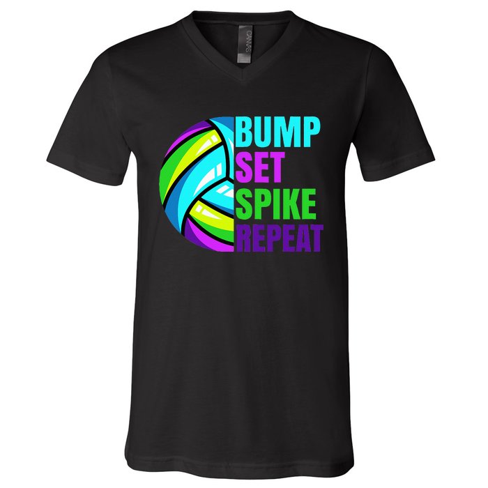 Volleyball Bump Set Spike Repeat Blue Purple V-Neck T-Shirt