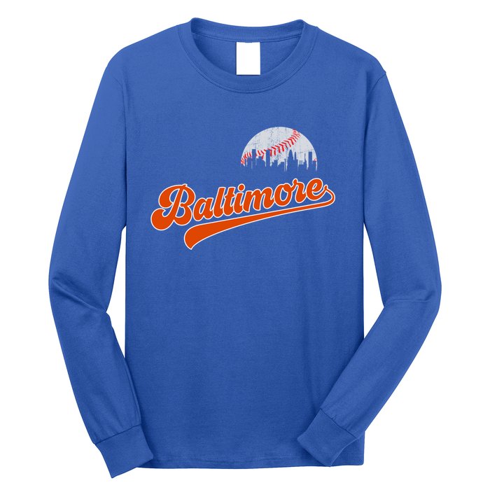 Vintage Baltimore Skyline Retro Game Day Baseball Gift Long Sleeve Shirt