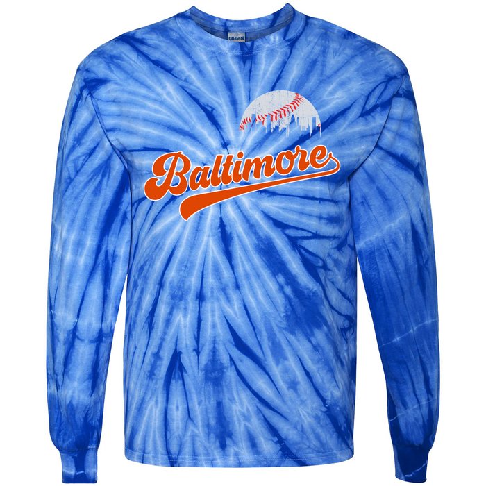 Vintage Baltimore Skyline Retro Game Day Baseball Gift Tie-Dye Long Sleeve Shirt