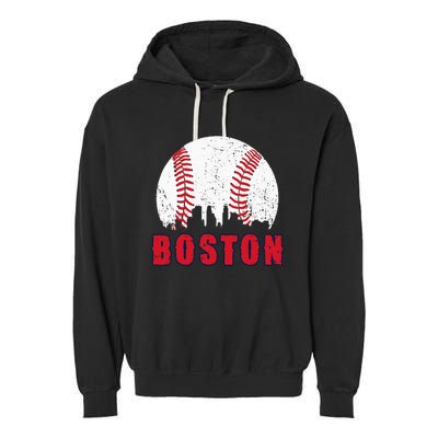 Vintage Boston Skyline Baseball Throwback For Red Game Day Garment-Dyed Fleece Hoodie