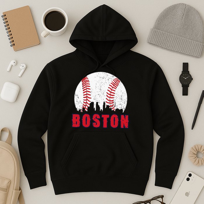 Vintage Boston Skyline Baseball Throwback For Red Game Day Hoodie