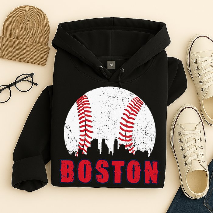 Vintage Boston Skyline Baseball Throwback For Red Game Day Hoodie