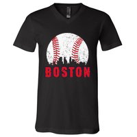 Vintage Boston Skyline Baseball Throwback For Red Game Day V-Neck T-Shirt