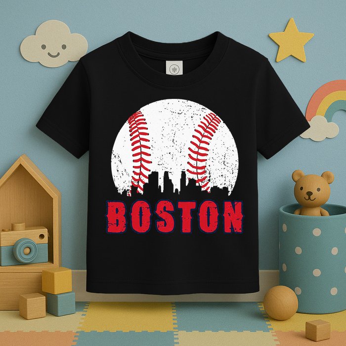 Vintage Boston Skyline Baseball Throwback For Red Game Day Toddler T-Shirt
