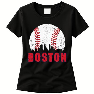 Vintage Boston Skyline Baseball Throwback For Red Game Day Womens T-Shirt