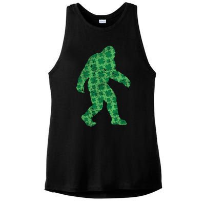 Vintage Bigfoot St Patrick's Day 4 Leaf Clover Sasquatch Gift Ladies PosiCharge Tri-Blend Wicking Tank