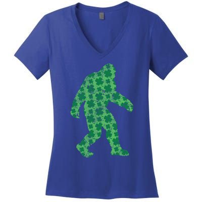 Vintage Bigfoot St Patrick's Day 4 Leaf Clover Sasquatch Gift Women's V-Neck T-Shirt