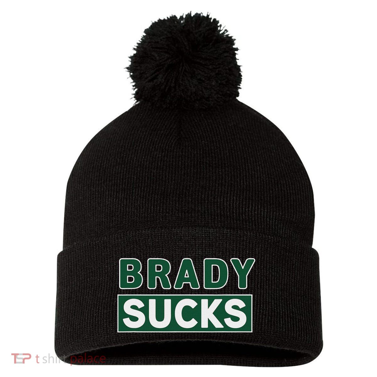 Vintage Brady Sucks Green And White Hate Brady Classic Pom Pom 12in Knit Beanie