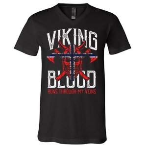 Viking Blood Skull Norwegian Flag Pride Norway V-Neck T-Shirt