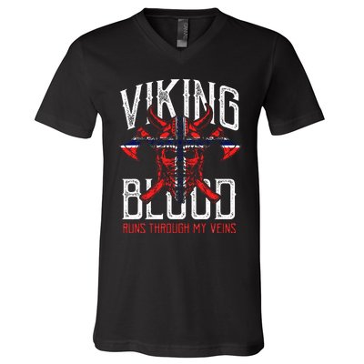 Viking Blood Skull Norwegian Flag Pride Norway V-Neck T-Shirt