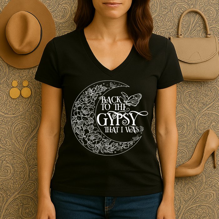 Vintage Back To The Gypsy That I Was Floral Moon Women's V-Neck T-Shirt