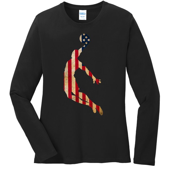 Vintage Basketball Team Player Sport Fan US Flag Ladies Long Sleeve Shirt