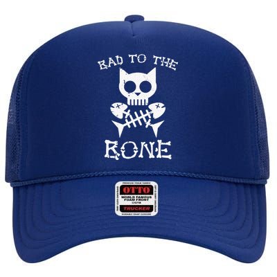 Vintage Bad To The Bone Cat Skull Fish Bone High Crown Mesh Back Trucker Hat