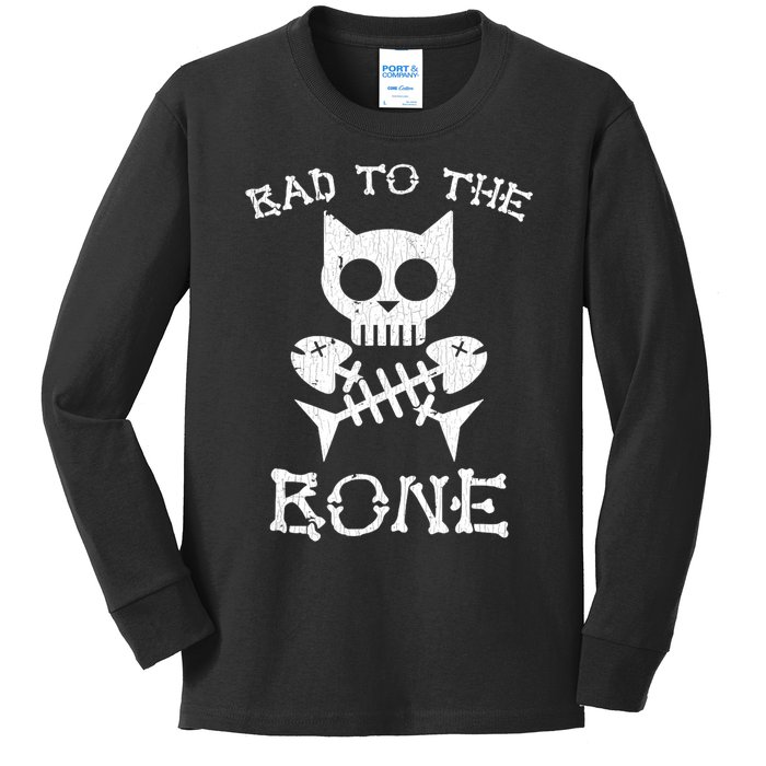 Vintage Bad To The Bone Cat Skull Fish Bone Kids Long Sleeve Shirt