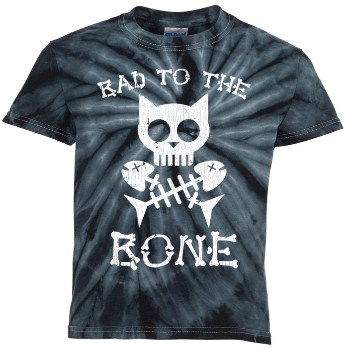 Vintage Bad To The Bone Cat Skull Fish Bone Kids Tie-Dye T-Shirt