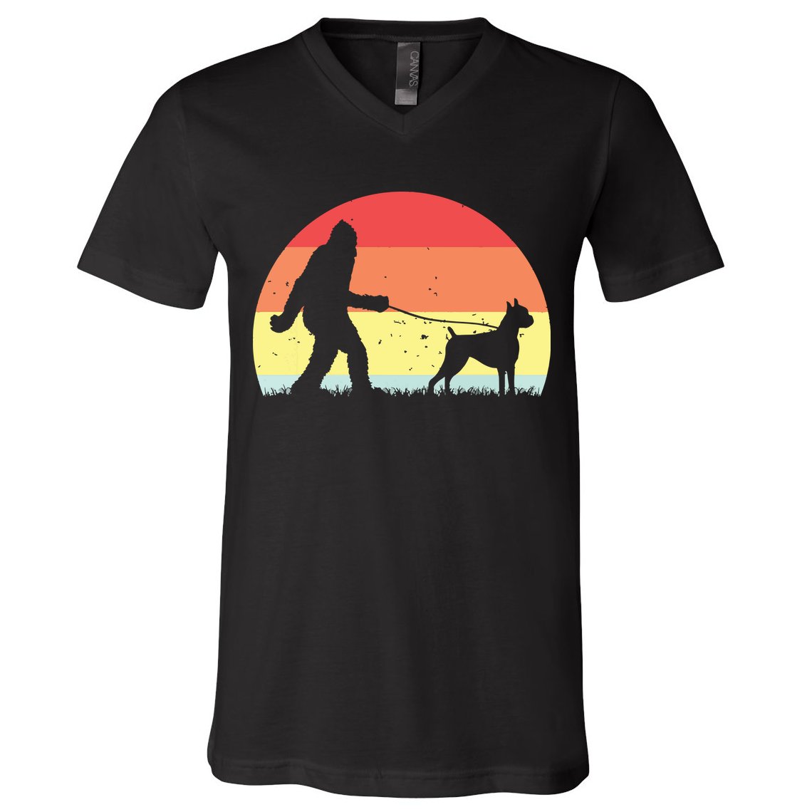 Vintage Bigfoot Walking Boxer Dog Sasquatch Funny Gifts V-Neck T-Shirt