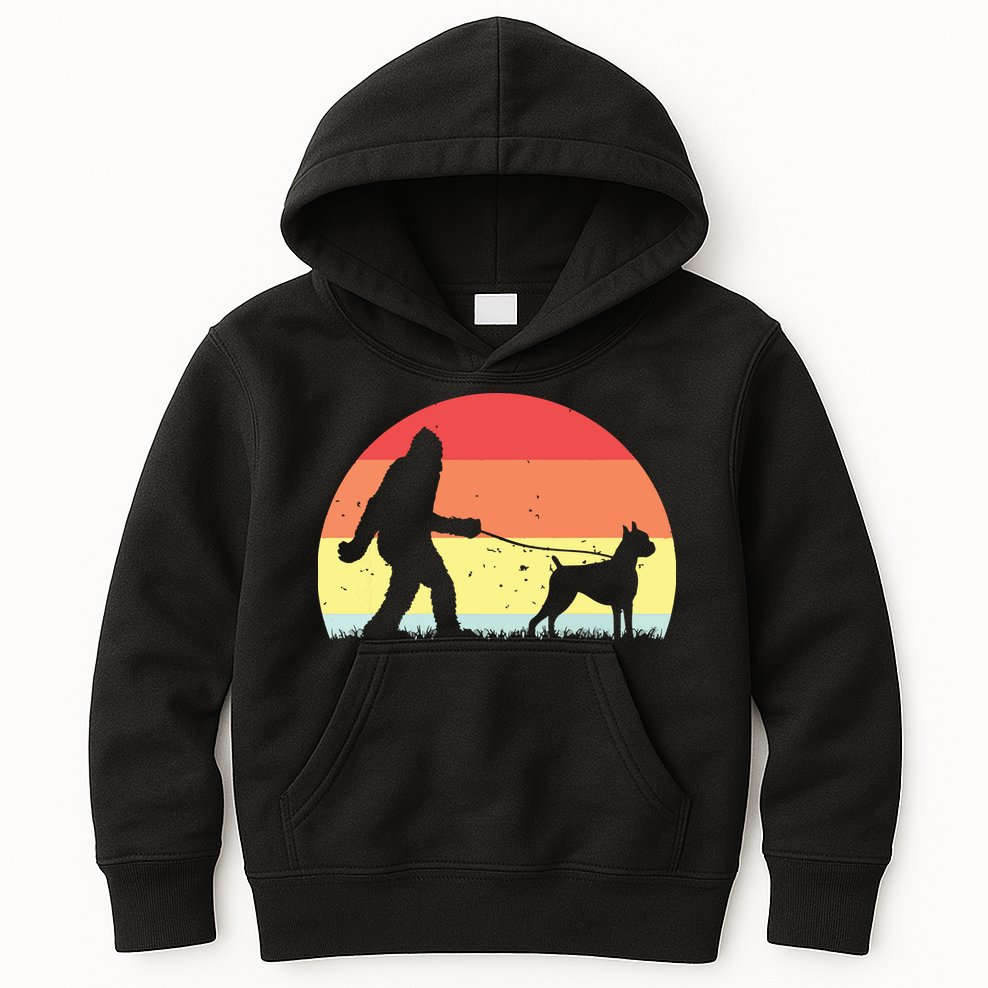 Vintage Bigfoot Walking Boxer Dog Sasquatch Funny Gifts Kids Hoodie