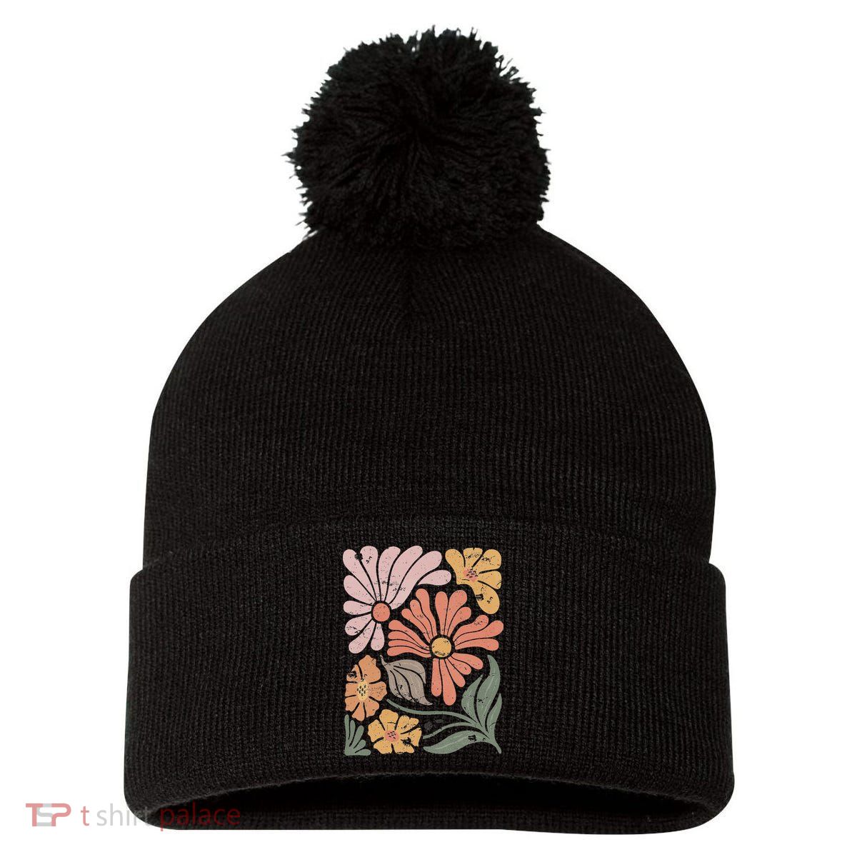 Vintage Boho Wildflower  Pom Pom 12in Knit Beanie