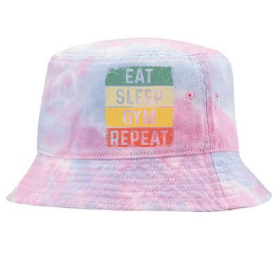 Vintage Bodybuilder Workout Funny Eat Sleep Gym Repeat Funny Gift Tie-Dyed Bucket Hat