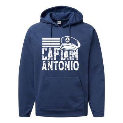 Vintage Captain Antonio Personalized Boating Captain Gift Performance Fleece Hoodie