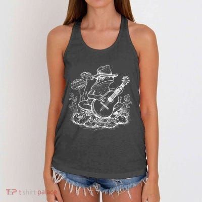 Vintage Cottagecore Aesthetic Frog Mushroom Playing Banjo Gift Women's Knotted Racerback Tank