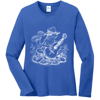 Vintage Cottagecore Aesthetic Frog Mushroom Playing Banjo Gift Ladies Long Sleeve Shirt