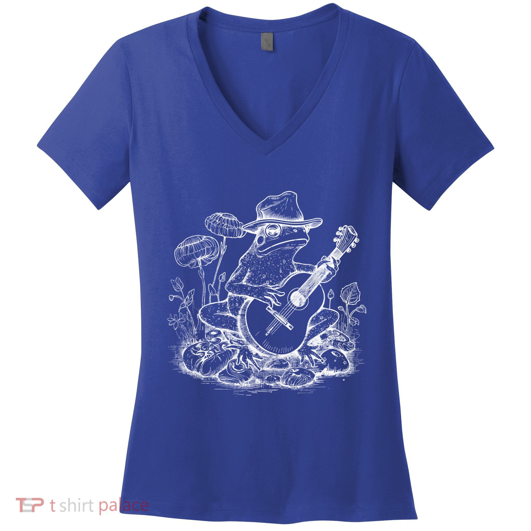 Vintage Cottagecore Aesthetic Frog Mushroom Playing Banjo Gift Women's V-Neck T-Shirt