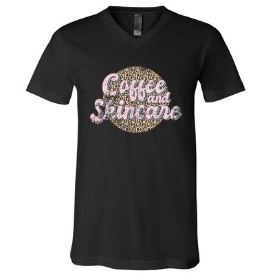 Vintage Coffee And Skincare Leopard Esthetician Skincare V-Neck T-Shirt