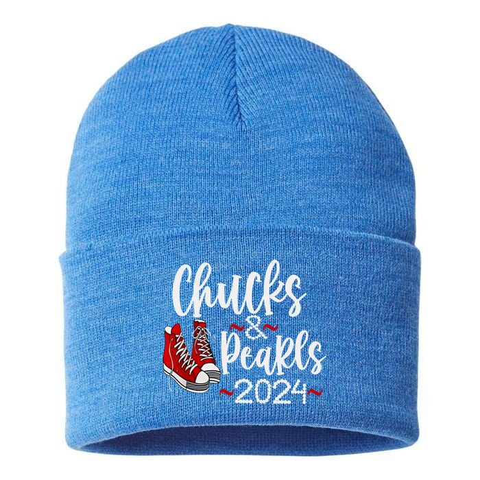 Vintage Chucks And Pearls Kamala 2024 Gift Sustainable Knit Beanie