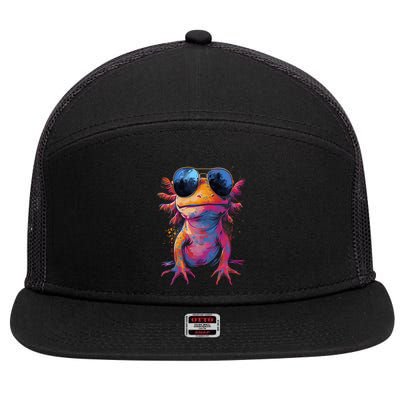 Vintage Colorful Axolotl Art With Sunglass - Cute Axolotl  7 Panel Mesh Trucker Snapback Hat