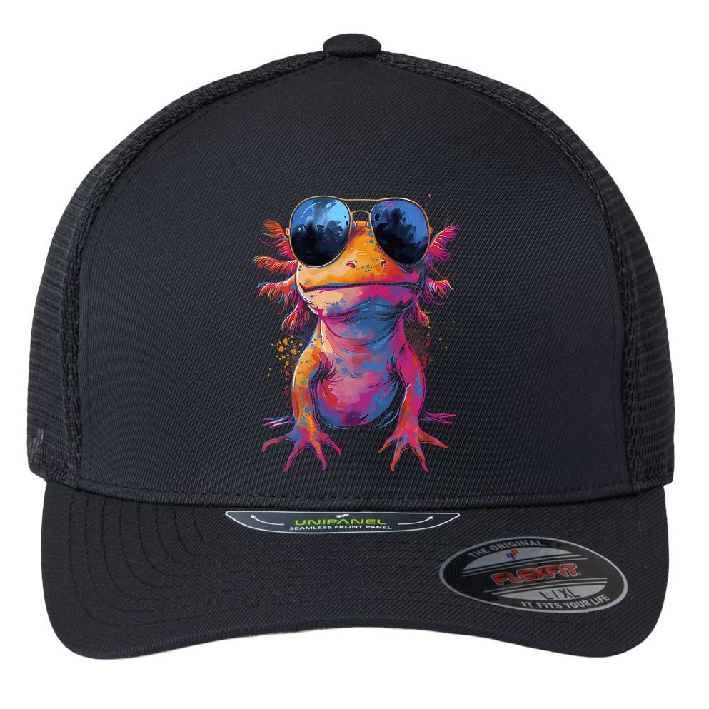 Vintage Colorful Axolotl Art With Sunglass - Cute Axolotl  Flexfit Unipanel Trucker Cap