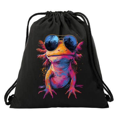 Vintage Colorful Axolotl Art With Sunglass - Cute Axolotl  Drawstring Bag