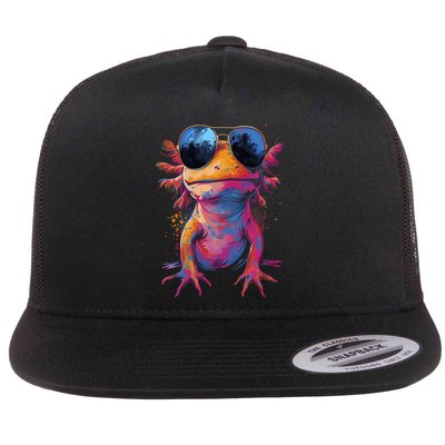 Vintage Colorful Axolotl Art With Sunglass - Cute Axolotl  Flat Bill Trucker Hat