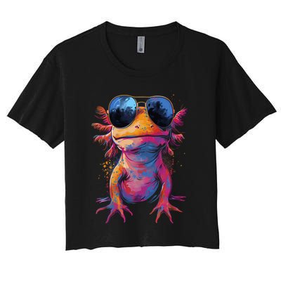 Vintage Colorful Axolotl Art With Sunglass - Cute Axolotl  Women's Crop Top Tee
